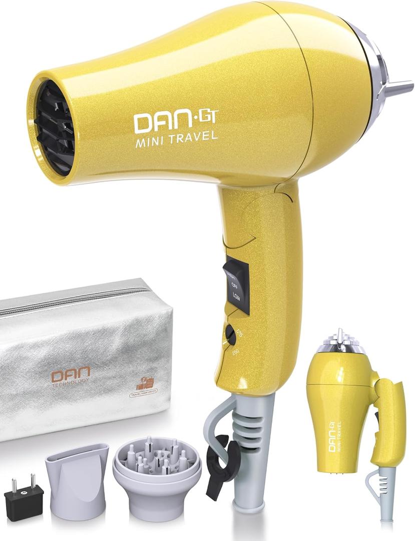 Mini Portable Hair Dryer 1200W, Travel-Friendly, Dual Voltage 125/250V, 2 Speed Settings, Foldable, Lightweight, Two Concentrator & Diffuser Nozzles, Removable Filter