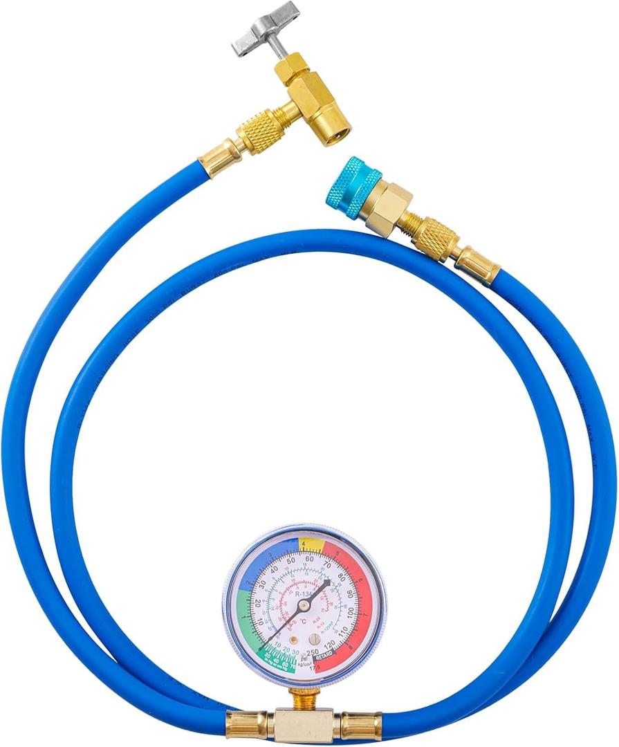 R1234YF Refrigerant Charge Hose Kit, R1234yf Quick Coupler and R1234YF Puncture Can Tap Opener 1/2’’ LH, R1234YF Refrigerant Recharge Kit with Gauge 250 PSI and 59'' Recharge Hose