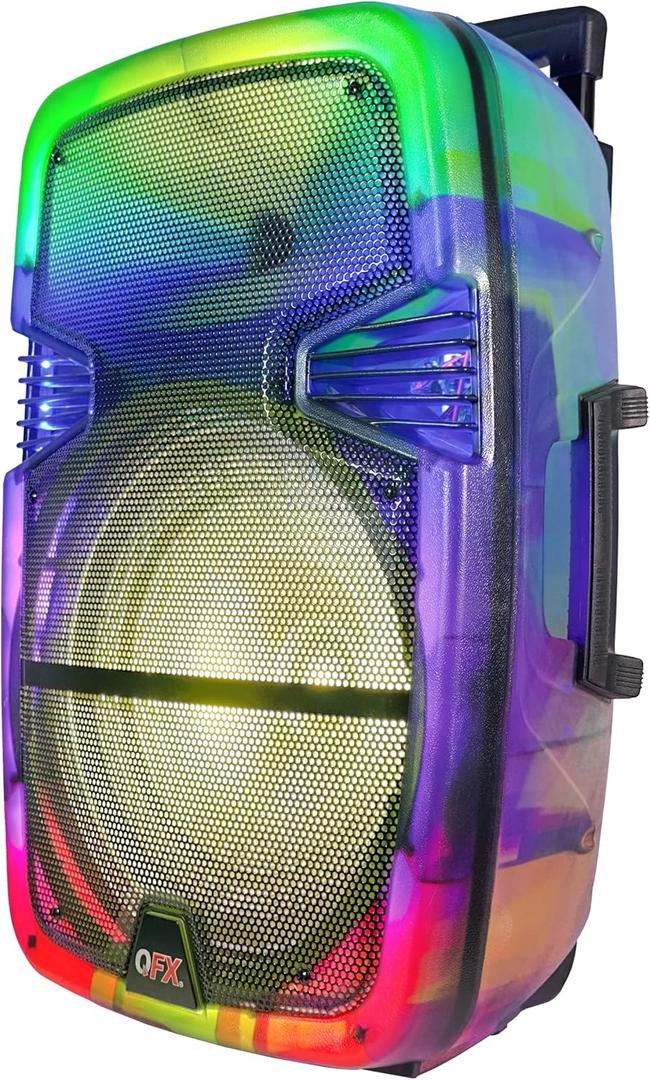 QFX 15" Portable Rechargable Bluetooth PA Karaoke Loud Party Speaker up to 5 Hour Playtime | Bluetooth 5.3, TWS, USB Port, TF, AUX, FM Radio, 360 Degree Translucent Motion Party Lights | TMS-1553