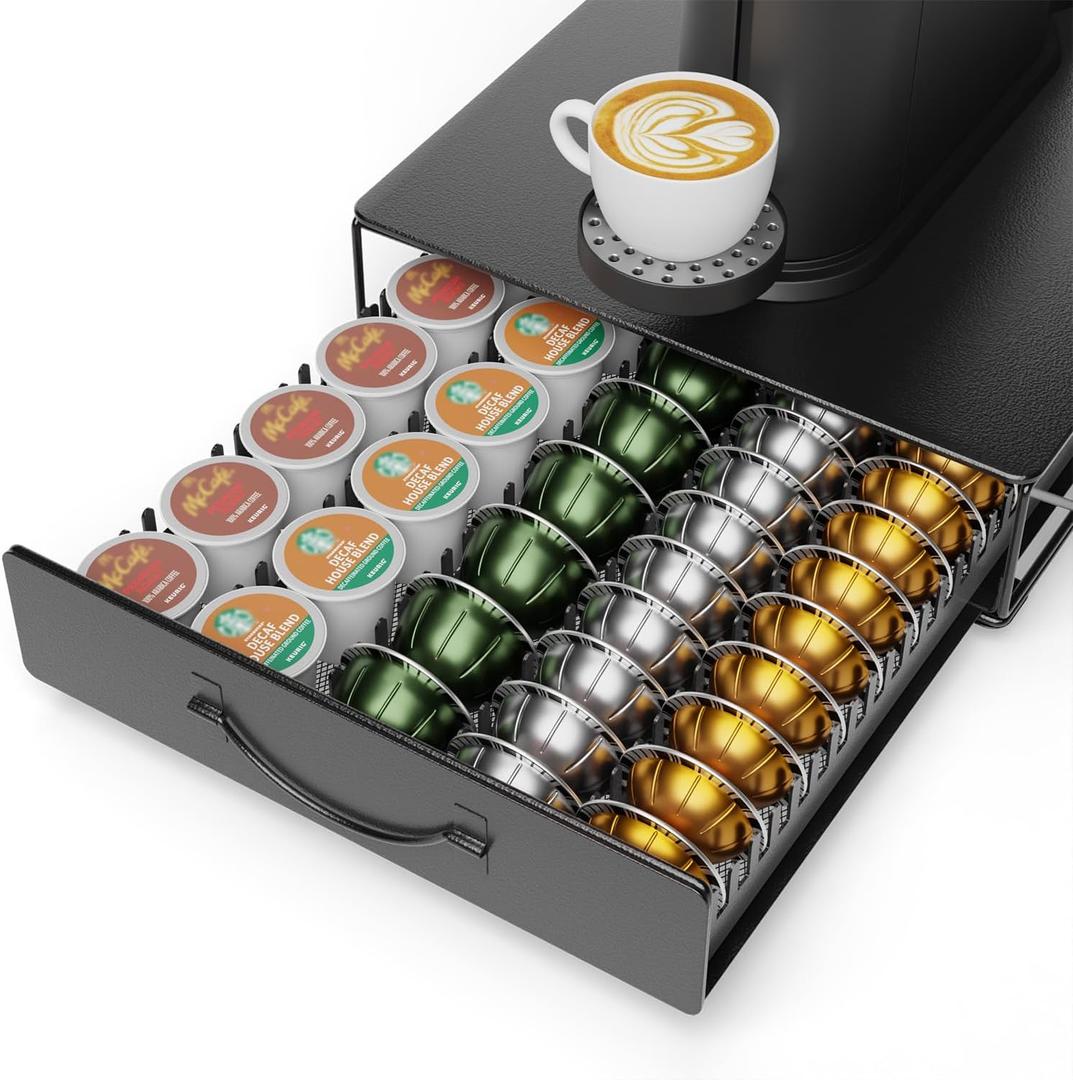 HFHOME Coffee Pod Holder Drawer Compatible with Nespresso - 40 Large or 60 Small VertuoLine Pods - Black Metal Coffee Capsule Storage Organizer for Vertuo - Coffee Capsule Holder for Kcup Home Kitchen