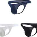 Mens Sexy T-Back Thongs Low Rise Underwear Bulge Pouch Ice Silk Briefs (Medium, 3 Pack: Black, White, Navy Blue)
