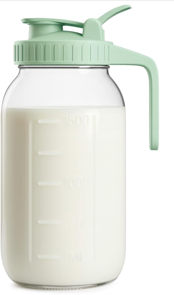 | 1 Pack | 64oz Glass Pitcher with Lid and Spout, 2 Quart (1.9 Liter) Mason Jar Pitcher Wide Mouth, Airtight Water Jug for Juice, Sun Tea, Iced Coffee, Milk Storage, Green