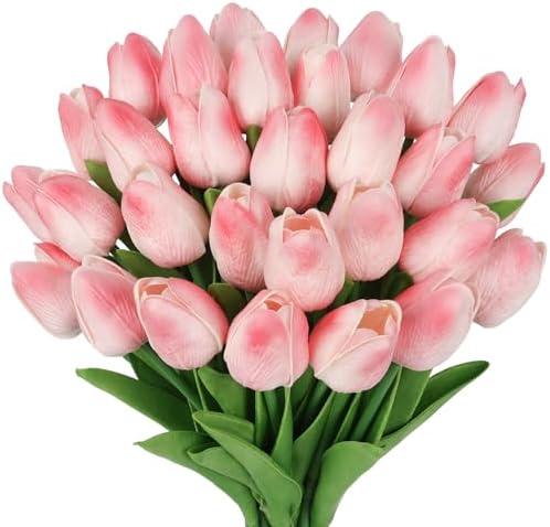 MACTING 30 PCS Artificial Tulip Flowers 13.7" Real Touch Fake PU Tulips Bouquet Faux Flowers for Floral Arrangements Table Centerpiece Kitchen Home Mothers Day Easter Spring Decorations(Peach Pink)