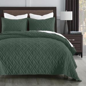 HORIMOTE HOME Quilt Set Queen Size Dark Green, Classic Geometric Diamond Stitched Pattern, Ultra Soft Microfiber Lightweight Bedding Bedspread Coverlet for All Season with 1 Quilt 2 Pillow Shams