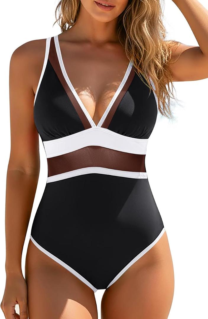 Daci Women's One Piece Swimsuits Tummy Control Neon Color Block Swimwear | Sexy Sheer Mesh, V Neck, Cross Back Design, Full Coverage, Removable Pads, Pool, Beach, Trip (Black, S)