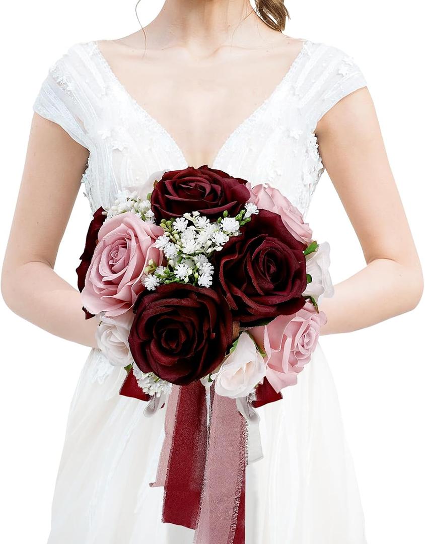 Wedding Bouquet for Bride - Premade Simple Artificial Roses Flowers for Bridal Shower Destination Ceremony Anniversary Decorations (Burgundy & Dusty Pink)