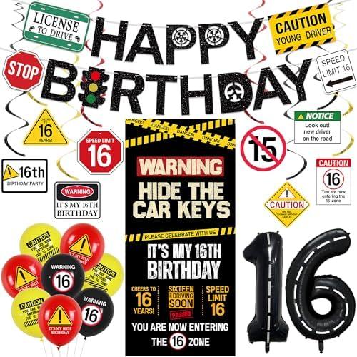 Roetyce 16th Birthday Decorations Boys Girls, Hide The Car Keys Happy 16th Birthday Banner Backdrop Balloons Hanging Swirls, Caution Logo Themed 16 Years Old Party Yard Door Wall Cover Background