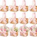 Geelin 12 Pcs Mini Flower Girl Basket Mini Woven Baskets with Handles Wood Chip Flower Fruit Picnic Holder with Pink Ribbon Chip Bucket for Wedding Party Gifts Baby Shower Birthday Party Decoration