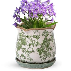 Xoogifae Ceramic-Planters-for-Indoor-Plants with Saucer, 6 inch Vintage Ice Crack Glaze Plant Pots with Drainage Holes, Decorative Flower Pots for Outdoor Garden Home Decor, Tuscan Pot for Plant