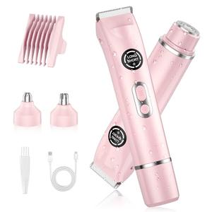 4-in-1 Bikini Trimmer for Women, Dual Head Electric Razors Shaver | Painless Bikini, Body & Facial Hair Remover | IPX7 Waterproof for Wet/Dry Use | Includes Nose & Eyebrow Trimmer Heads(Pink)
