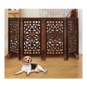 Free Standing Dog Gate – 4 Panel Foldable Wooden pet gate Indoor 56" W x 28" H, Hand-Carved Solid Wood & MDF, Portable Indoor Gate for Doorways, Halls, Stairs – Fully Assembled, Burnt Finish