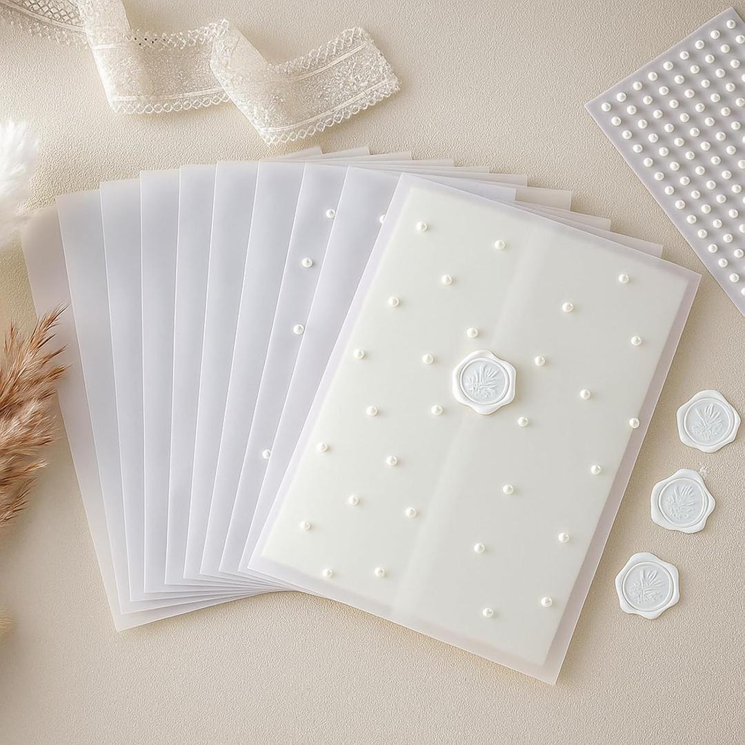 Affrolling 100 Sets Wedding Invitations Wraps Set Pearl Pre Folded Vellum Jackets for 5 x 7 Invitations Include 100 Pcs Vellum Jackets Wax Seal Stickers Pearl Stickers for Wedding Invites DIY