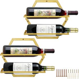2Pcs Wall Mounted Wine Bottle Rack, Metal Hanging Wine Display Holder Organizer, Red Wine Racks for Home Kitchen Bar Decor Storage(Gold) (Bb)