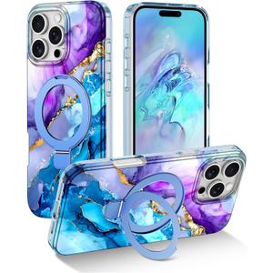 Lamcase for iPhone 16 Pro Case with Magnetic Invisible Ring Stand [Compatible with MagSafe], Full Body Rugged Slim Women Men Girl Shockproof Marble Pattern Design Case, Purple/Blue
