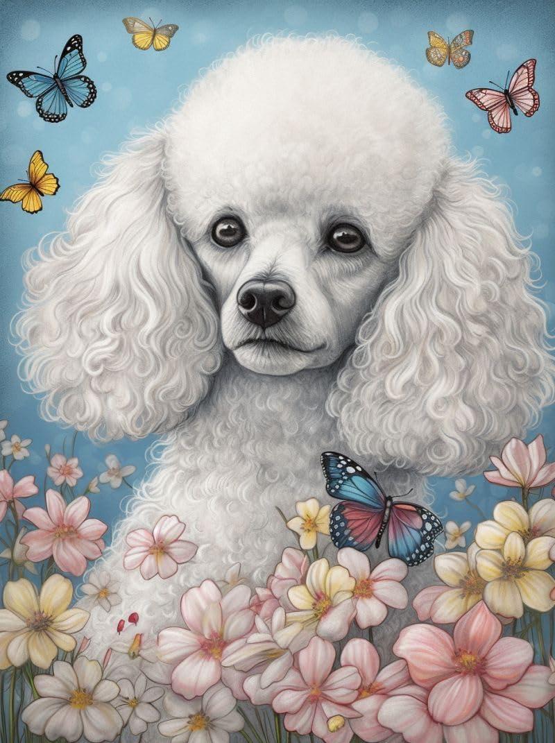 DIY Diamond Painting by Numbers White Poodle Full Drill Round Diamond Embroidery Cross Stitch Mosaic Crystal Rhinestone Arts and Craft Mosaic Art Kits 30x40cm(ku235)