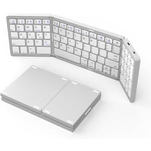 Foldable Bluetooth Keyboard, Wireless Portable with Numeric Keypad, USB-C Rechargeable Travel Keyboard for Laptop, Tablet, iPad, Smartphone (Silver)