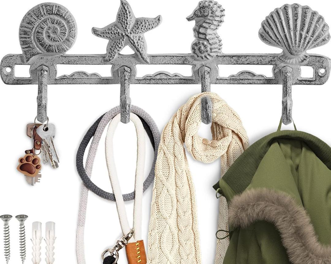 Comfify Vintage Seashell Coat Hook Hanger Rustic Cast Iron Wall Hanger w/4 Decorative Hooks - Includes Screws and Anchors - Beach House Decor - Antique White
