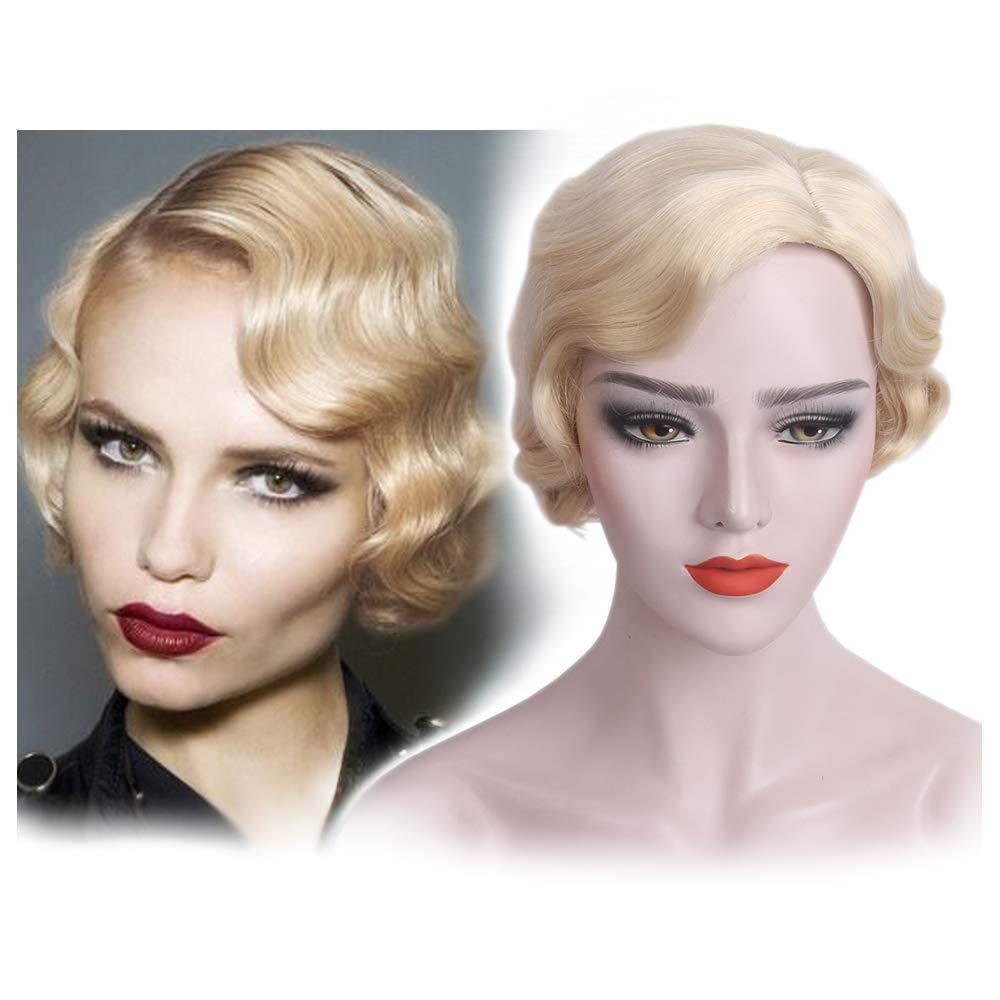 STfantasy 20S Finger Wave Wig Flapper Curly Synthetic Hair for Women 1920s Cosplay Costume Halloween Party Daily Everyday Wear (Blonde)