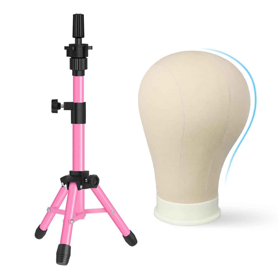 AliLeader 25 Inch Mannequin Head Stand Tripod with 22 Inch Mannequin Head ,Canvas Wig Head with Mount Hole Manikin Head for Wig Making,Styling and Display,Head Contour More Realistic (Pink)