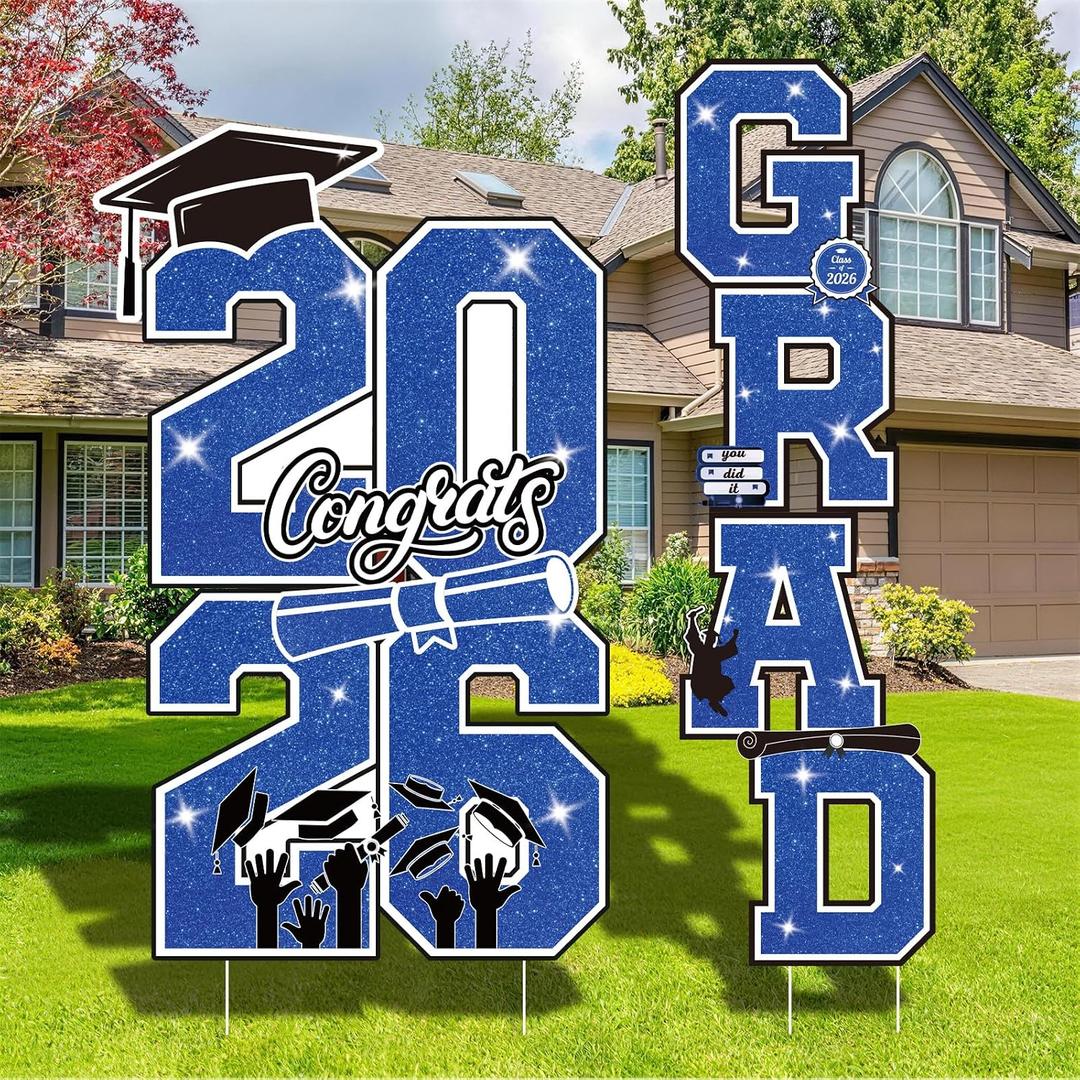 Graduation Yard Sign Class of 2026 Decorations, 4pcs Large Size Blue Black White Congrats Grad 2026 Lawn Yard Sign with Stakes for High School College Indoor Outdoor Graduation Party Decor Supplies
