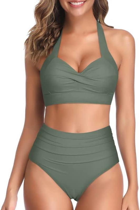 Women Two Piece Vintage Swimsuit Retro Halter Ruched High Waist Bikini with Bottom (Medium, Olive Green)