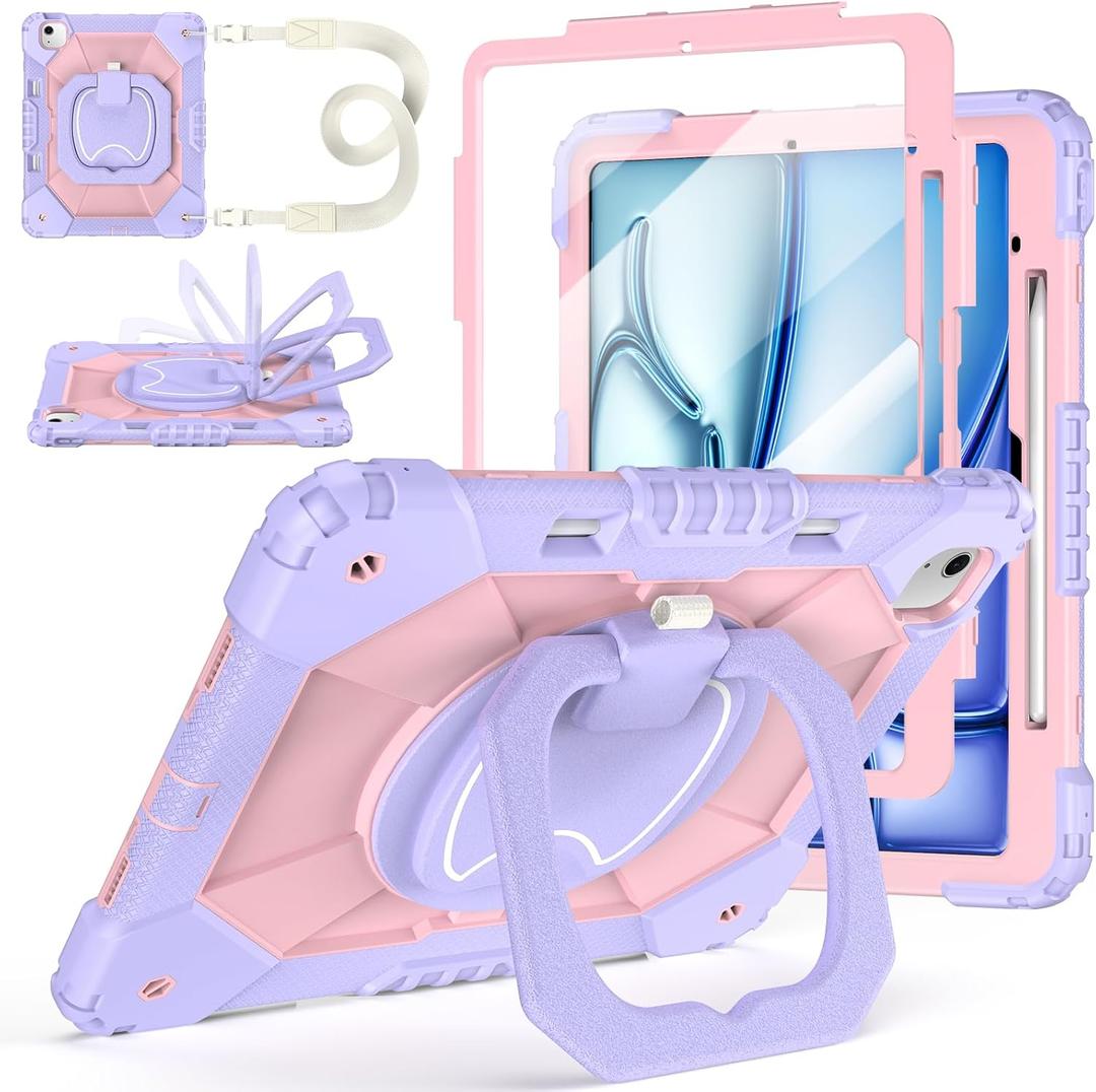 Case for iPad Air 13 Inch Case M4 2026/M3 2025/ M2 2024, Auorld for iPad Air 13 Inch Case M4 2026 Case with Screen Protector, 360 Degree Rotating Stand Shoulder Strap Pencil Holder, Purple Pink