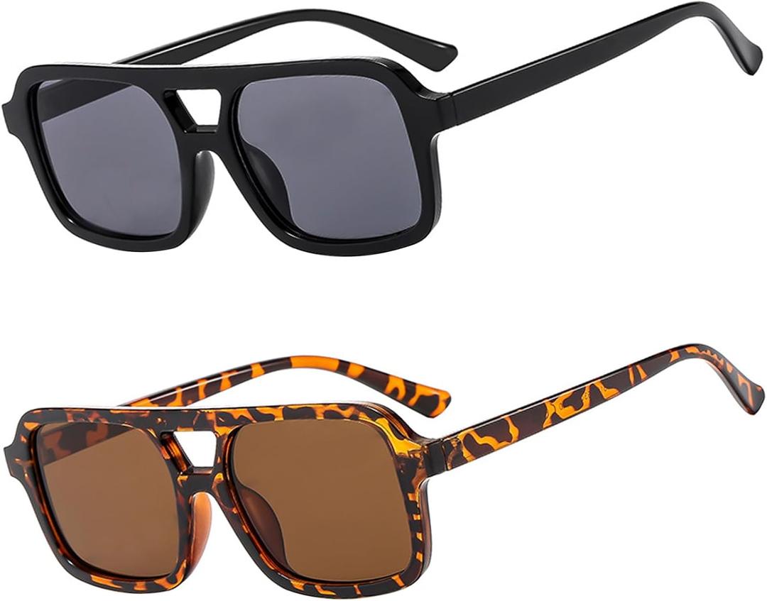 Retro Square Aviator Sunglasses for Women Men 70s Vintage Trendy Rectangle Sun Glasses UV Protection ((2pack)black+brown)