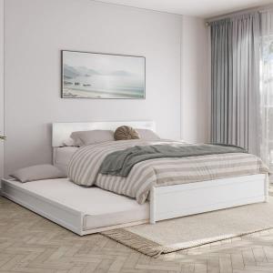 Wesley White Solid Wood Frame Queen Platform Bed with Panel Footboard and Twin XL Trundle