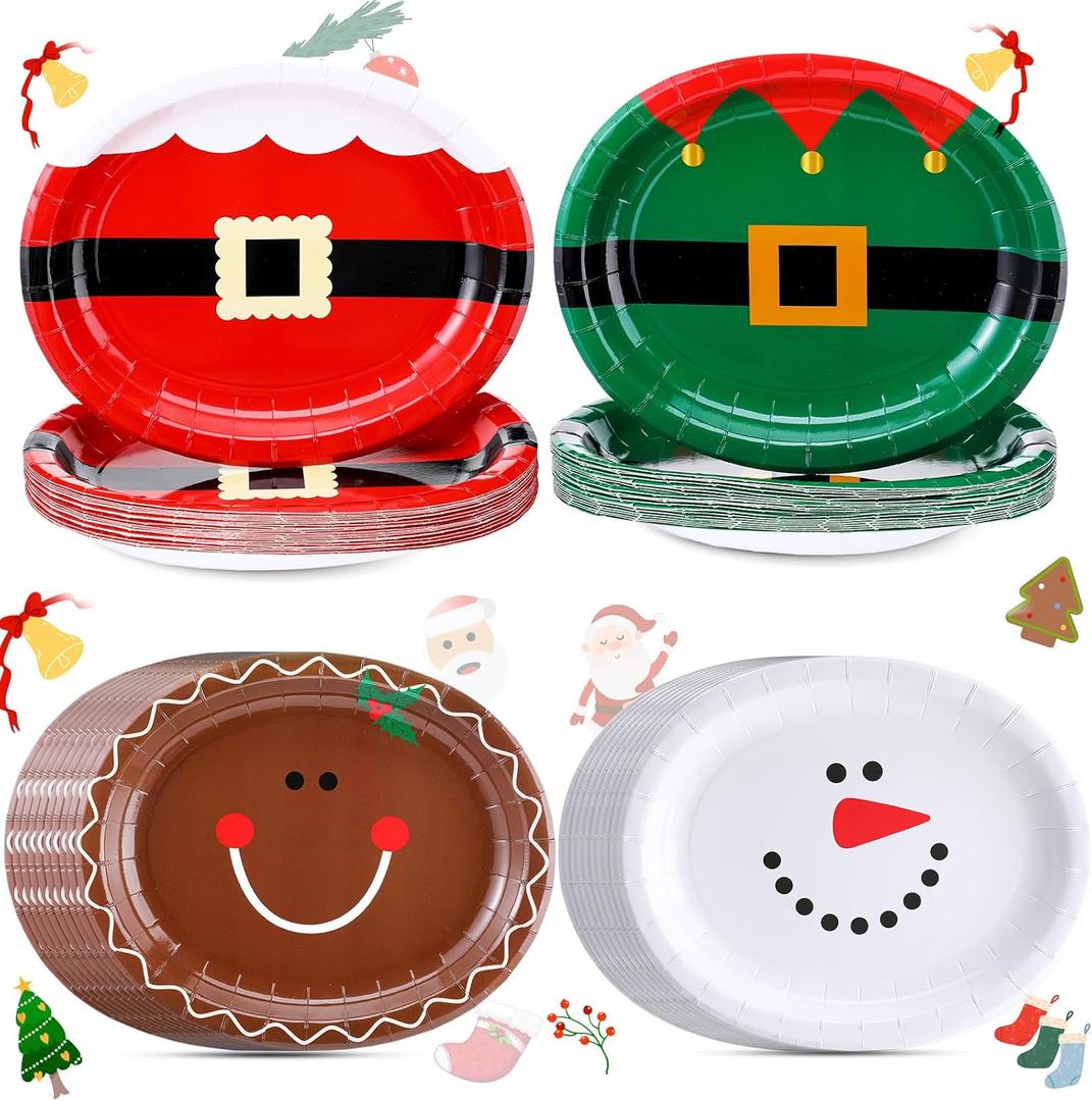 Havawish 52 Pcs Santa Belt Christmas Oval Paper Plates Platters 10" x 12.5" Large Disposable Platters Santa Christmas Plates Red and Green Dinnerware Set Xmas Dinner Plates Table Decorations