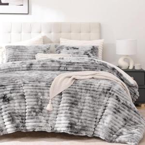 Smoofy Fluffy King Size Comforter Set 3 Pieces - Tie-dye Grey Fleece Fluffy Comforter Set, Luxury Fuzzy King Bedding Set, Soft King Bed Set All Season, Heavy Faux Fur Comforter with 2 Pillow Cases