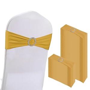 WJWHQ 100PCS Spandex Stretch Chair Sashes Bows Elastic Chair Cover Bands Ties with Buckle Slider for Wedding Party Reception Events Universal Ceremony Banquet Decorations (Gold) 