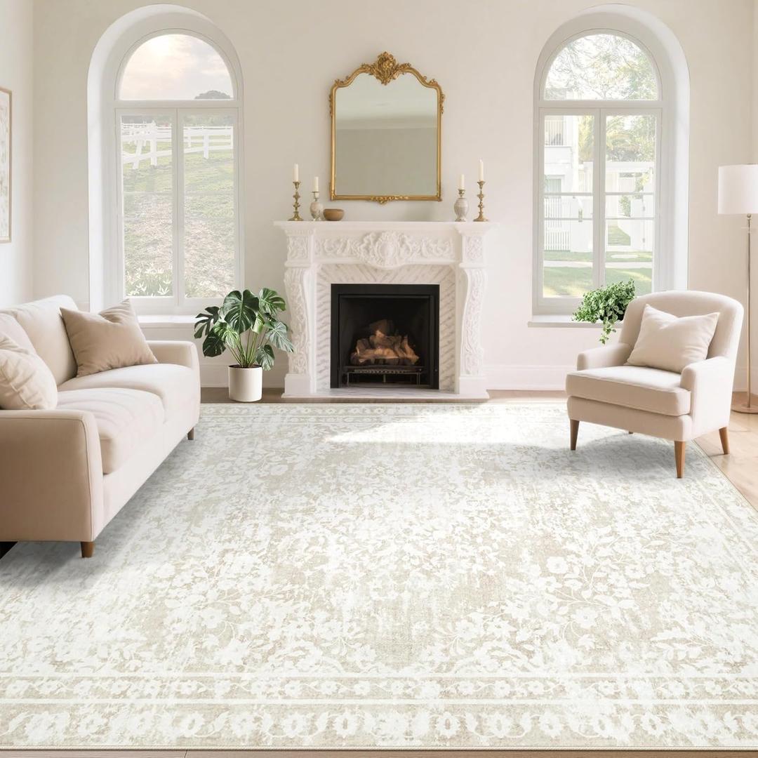 Vintage Living Room Area Rug - 8x10 Large Machine Washable Boho Area Rug Distressed Floral Rugs for Bedroom, Soft Non-Slip Indoor Floor Accent Rugs for Office Dining Room (Cream Beige, 8'x10')