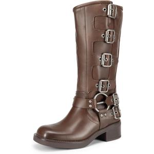 DREAM PAIRS Women's Knee High Riding Boots Slip On Motorcycle Boots Square Toe Chunky Heel Fashion Buckles Biker Boots (7, Tan)