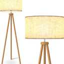 LEPOWER Wood Tripod Floor Lamp, Mid Century Standing Lamp for Living Room, Flaxen Lamp Shade, Modern Design Standing Lamp with E26 Base, Tall Floor Light for Bedroom, Study Room and Office Brown