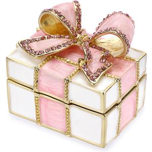 ELLDOO Mini Trinket Box, Bow-knot Gift Box Style Hinged Jewelry Box Vintage Metal Enameled Decorative Box Ring Earrings Jewelry Organizer Gift Box for Women Girls, Pink