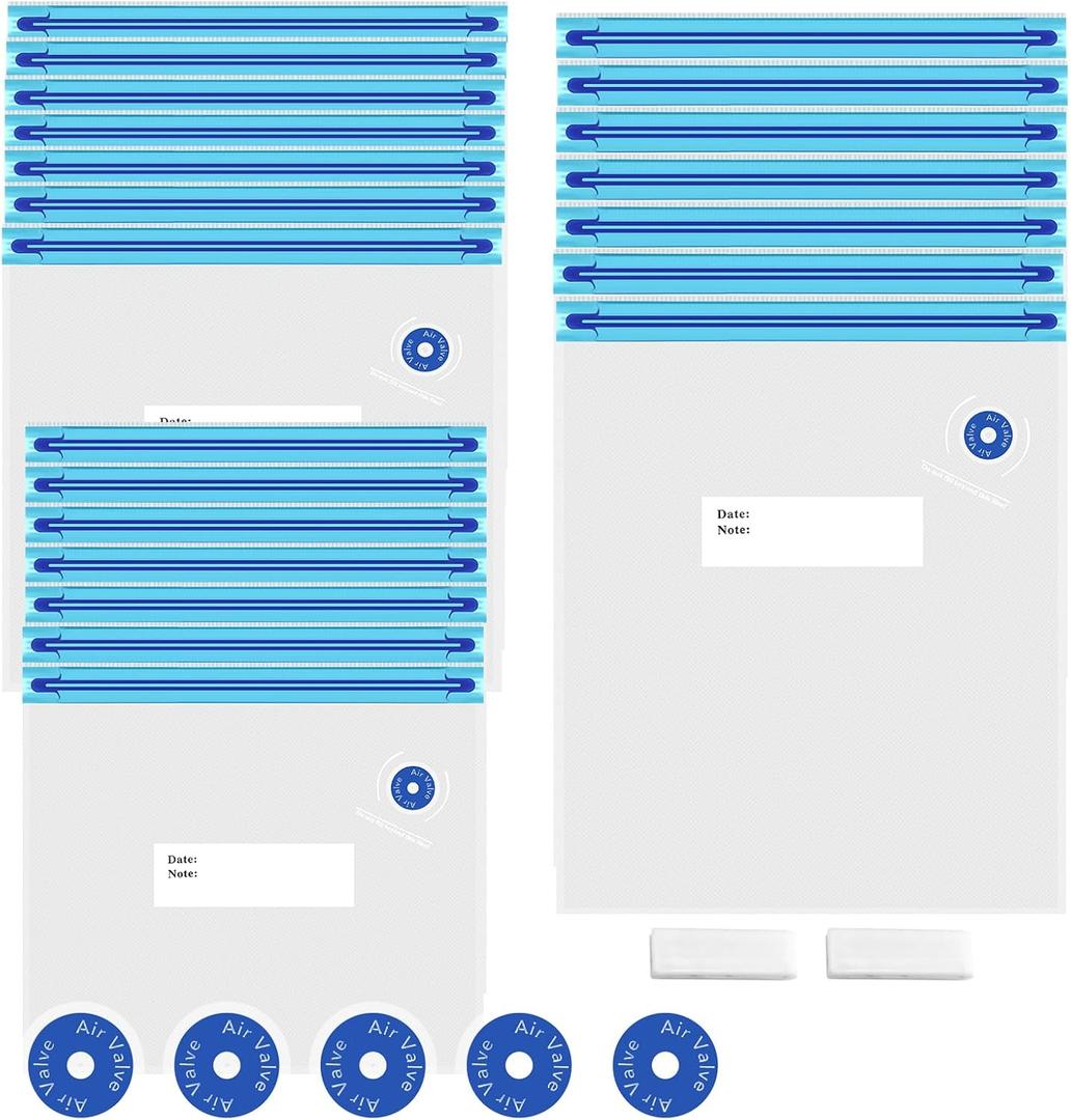 Sous Vide Bags 28Pcs, BPA Free Reusable, with Air Valve, Double-Layered Food Storage for Cooking, Food Storage, and Microwave Heating. 3 Size 21 Vacuum Zipper Bags, 2 Seal Clips, and 5 Air Valves. (Blue+White)
