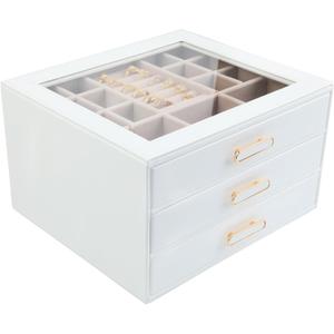 Jewelry Box Organizer with Glass Lids 3 Layer Jewelry Storage Case PU leather Jewelry Boxes for Woomen Suitable for Storing Rings Necklaces Earrings, Bracelets Gift Box for Girls (White)