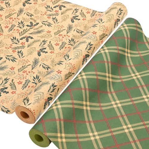 2 Rolls Christmas Wrapping Paper - 17 Inch × 49.2 Feet Per Roll, Green Recyclable Kraft Xmas Wrapping Paper Roll for Kids Christmas Gift Box Birthday Party Decoration