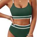 BMJL Women's High Waisted Bikini Ribbed Two Piece Swimsuit High Cut Color Block Adjustable Straps Bathing Suit (Large, Green043)
