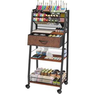 3 Tier Rolling Cart - Metal Utility Cart with Storage Drawer and Wheels, Versatile Art & Craft Organizer for Home, Office, or Studio - Ideal for Storing Brushes, Paints, and Supplies (Dark Brown)