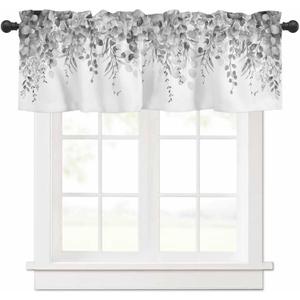 Curtain Valance for Windows Gray Eucalyptus Rod Pocket Valance Window Treatments 1 Panel Watercolor Leaves Short Curtains for Kitchen Windows Bathroom Bedroom 42x18in