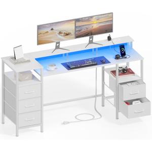 55 Inch Computer Gaming Desk with Power Outlets & LED Lights Reversible Home Office with Adjustable Fabric Storage Drawers for Working Writing Study White