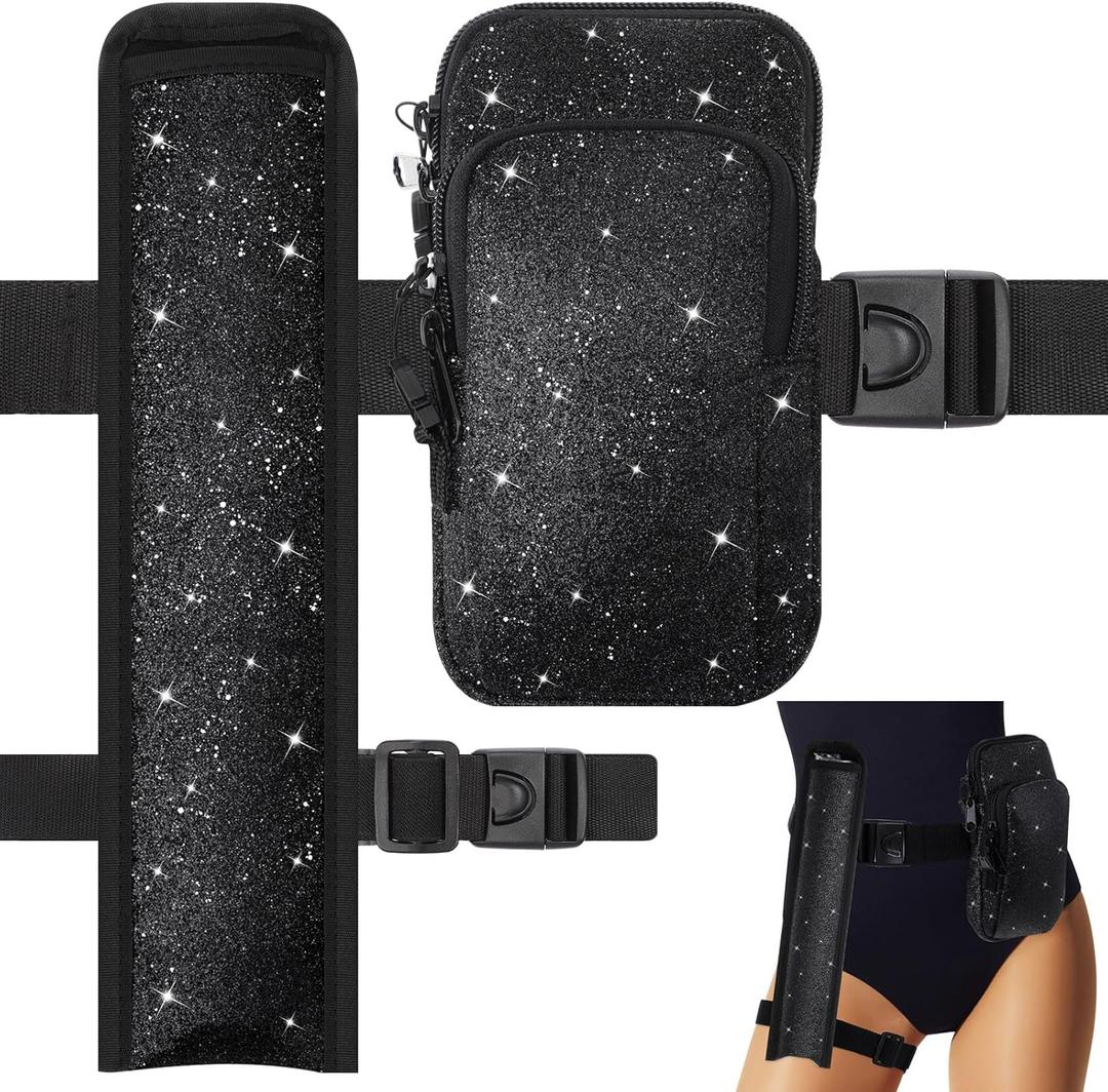 Rave Fan Bag with Cell Phone Pocket Fan Case Bag with Arm Leg Band Buckled Zippers and Hidden Zipper Pocket for Music Raves and Circuit Party (Glitter Black)
