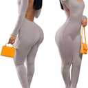 Womens Jumpsuit Long Sleeve One Piece Jumpsuits Leopard Print Sexy Backless Bodycon High Waisted Club Outfits Catsuits (Light Gray), XLarge 