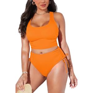 Pink Queen Women's Scoop Neck Racerback Ruched Crop Top High Waisted Bikini Sets 2 Piece Swimsuit Bathing Suit (X-Large, Orange)