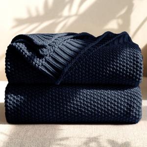 100% Cotton Cable Knit Throw Blanket, Lightweight Soft Knit Blanket for Sofa Couch Bed, Breathable All-Season Throw, Cozy Decorative Blanket, 50 x 60 Inch,Navy