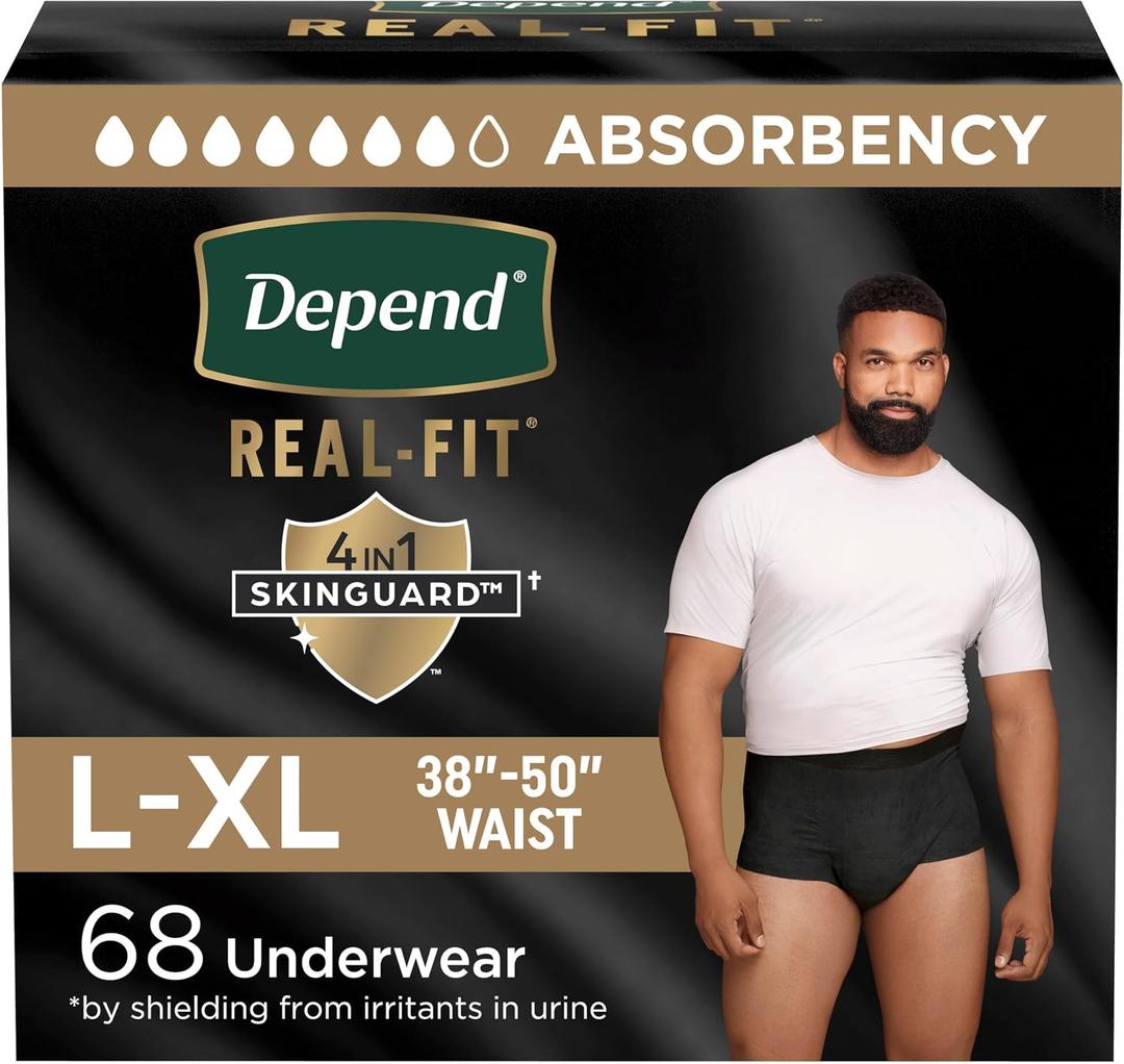 Depend Real Fit Adult Diapers, Incontinence Underwear for Men, Disposable, Maximum Absorbency, Large/Extra Large, Black, 68 Count