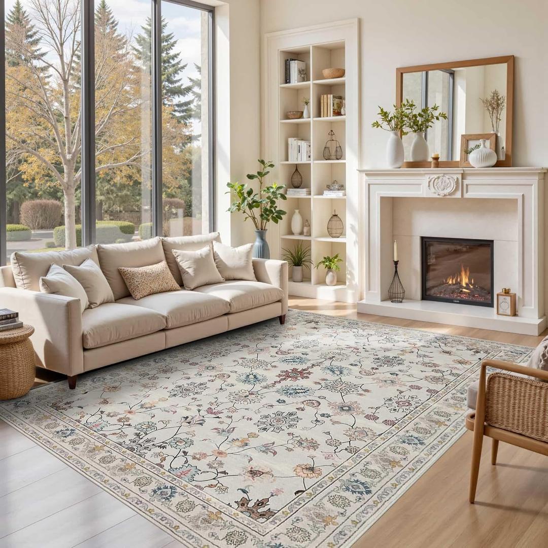 Floral Rug for Living Room Bedroom, 6x9 Washable Rug, Vintage Boho Area Rug, Large Non Slip Low Pile Wool Carpet for Indoor Dining Room,Girls Room,Nursery Room and Kids Room(Grey 6x9ft)
