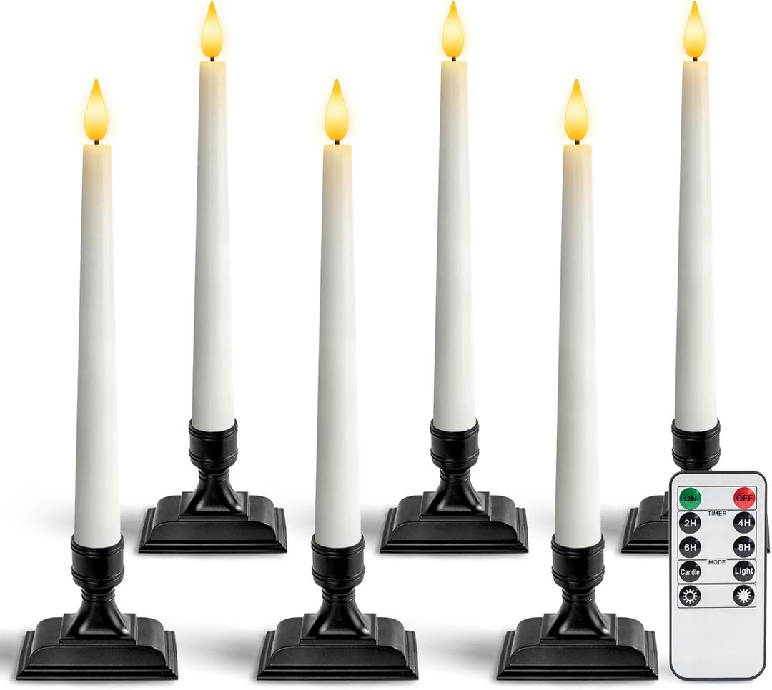 Homemory Wax Window Candles with Remote Timer Dimmer, Battery Operated Candlesticks with Holders, Christmas LED Candlesticks for Window Home Part Decor, 6 Pcs White