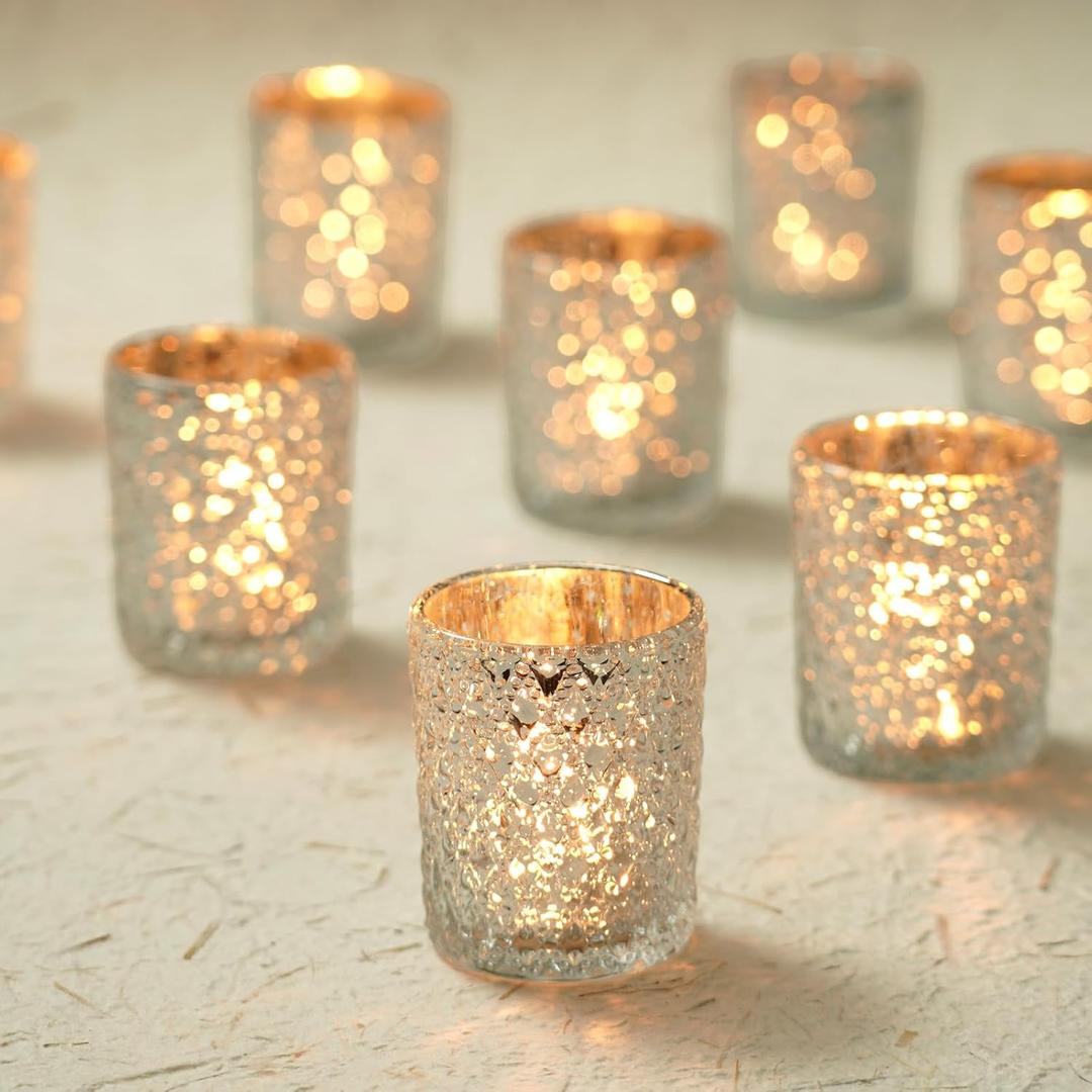 Homemory 24 Pack Silver Glass Votive Candle Holders, Tealight Candle Holder, Vintage Candle Holders Bulk for Table Centerpieces, Christmas, Baby Showers, Birthday, Wedding, Party